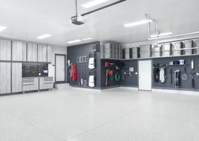 Grey Garage Cabinets Expoxy Floor Slatwall and Monkey Bar Storage 1108x