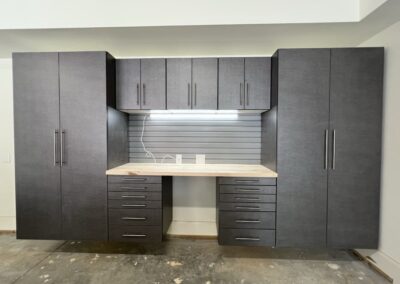 cabinets (pewter), silver slat wall, butcher block counter